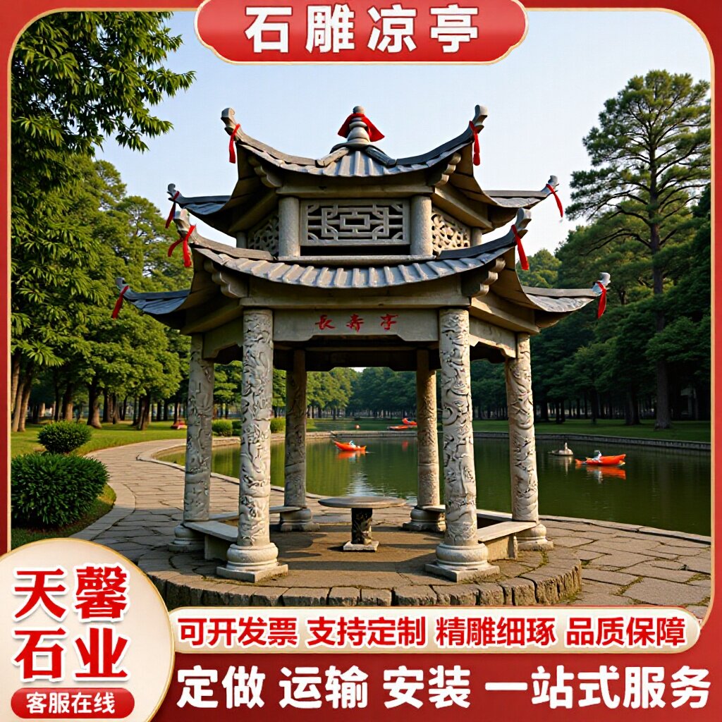 嘉祥天馨石雕六角亭户外庭院凉亭石材雕刻装饰亭子中式石雕凉亭
