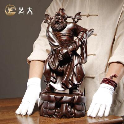 黑檀实木雕刻天师福神钟 钟馗神像摆件家居客厅装饰品工艺礼品摆