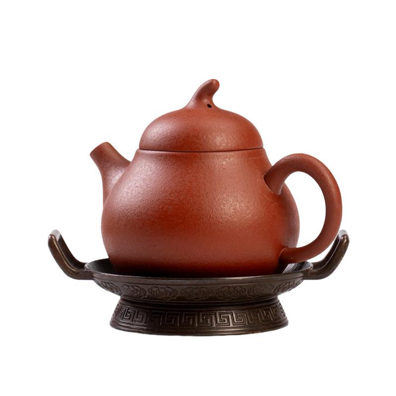 朱泥紫砂梨形茶壶家用含底托功夫茶具两件套泡茶壶含壶承组合