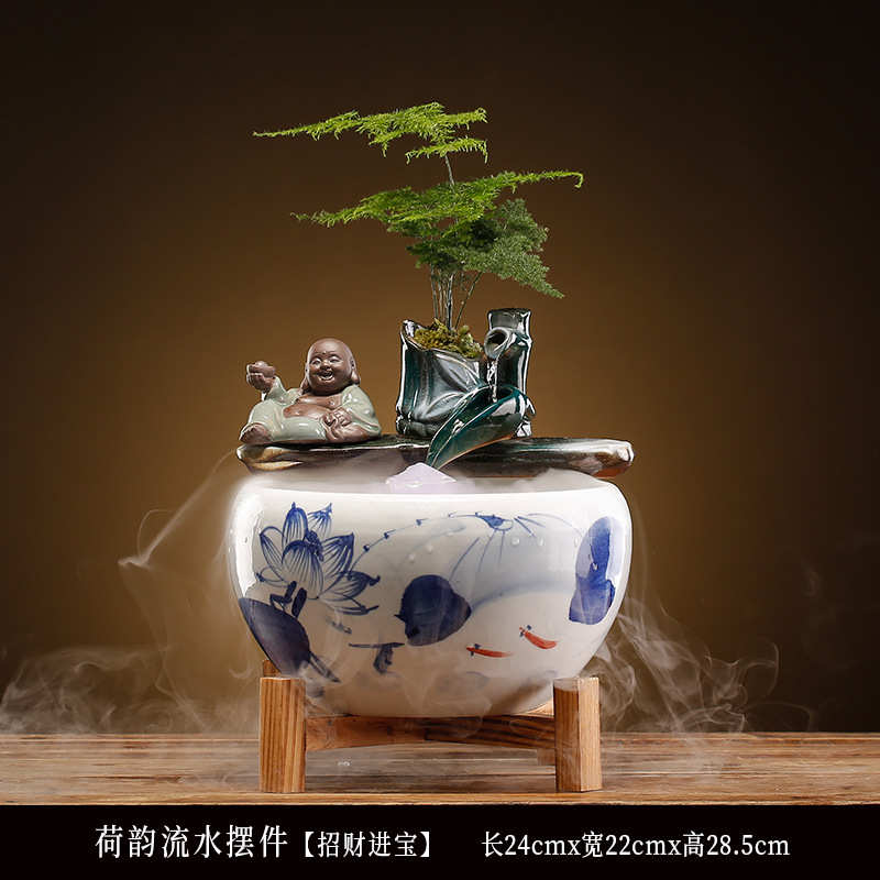 摆件招财流水茶桌陶瓷桌面装饰金鱼缸客厅茶室办公室鱼缸造景玄关