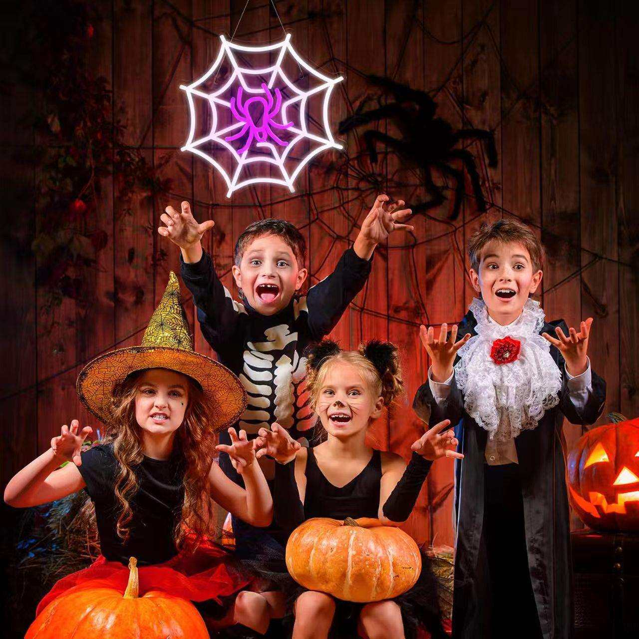 蜘蛛蛛网造型虹灯居对万圣节派氛围灯OQR霓家墙面个性装饰灯暗黑