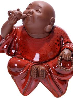 正品艺中式红色禅意陶瓷手工品 招财弥勒笑佛佛摆像 客厅博古饰架