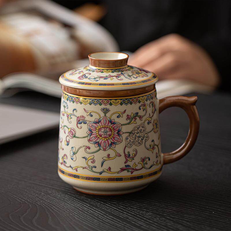 兮元记缠枝莲米黄汝窑茶杯过滤办公杯茶水分离杯水杯汝窑工艺