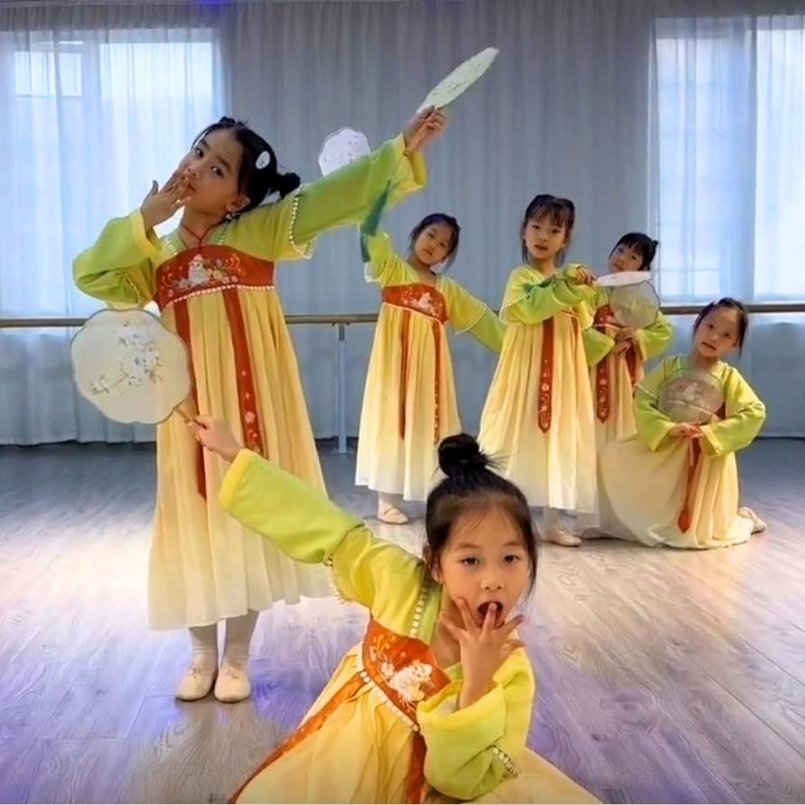 广寒宫舞蹈服儿童团扇舞古典舞演出服女童古风仙气飘逸汉服胭脂妆
