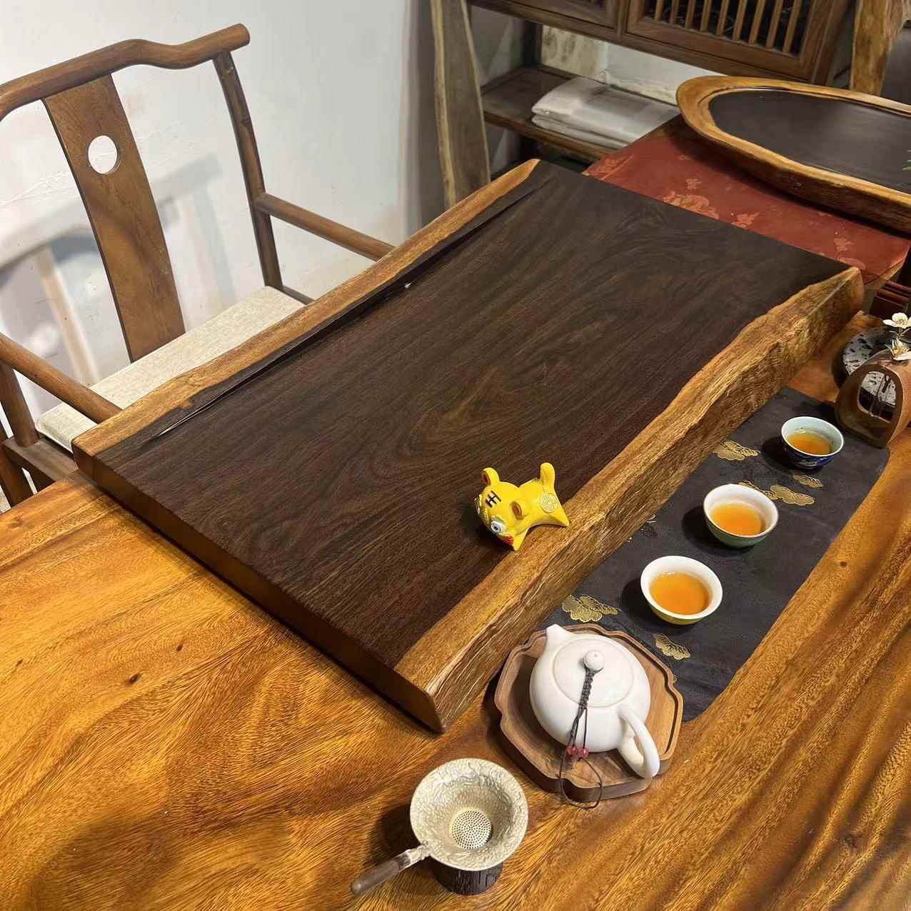 黑檀木茶盘 整块实木茶台自然边功夫茶具排水式茶海托盘 简约原木