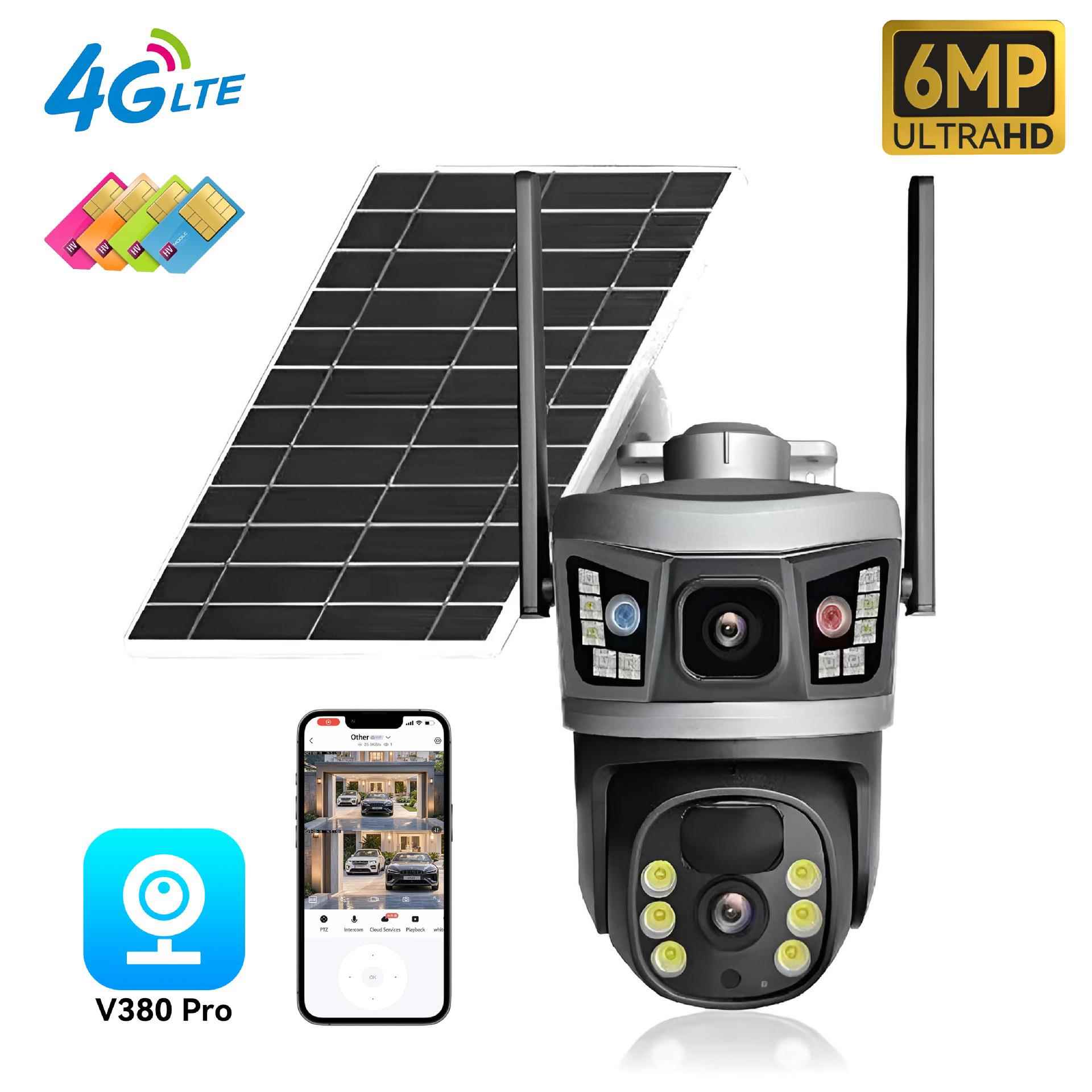 太阳能4G全景V380监控器无线手机远程室外双镜头枪球双目摄像头