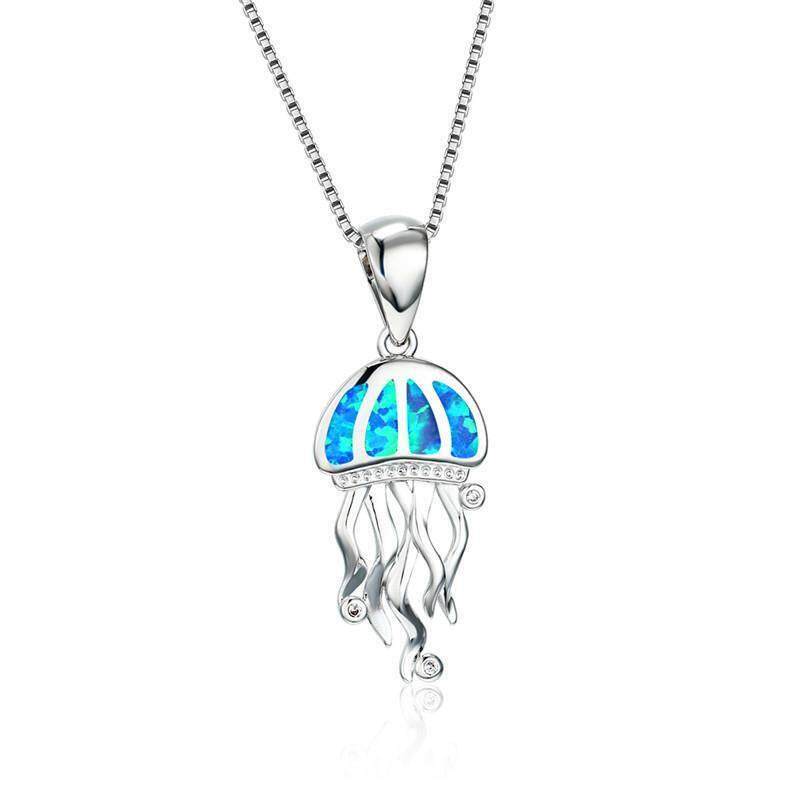 Bohemia Blue Imitation Opal Cute Jellyfish Pendant Necklace