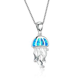 Bohemia Blue Imitation Opal Cute Jellyfish Pendant Necklace