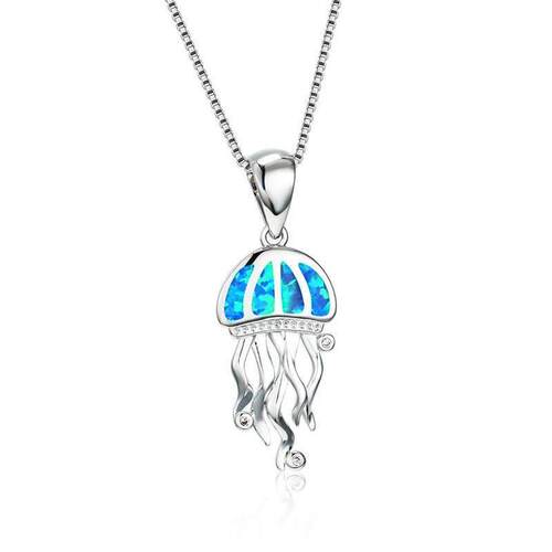 Bohemia Blue Imitation Opal Cute Jellyfish Pendant Necklace