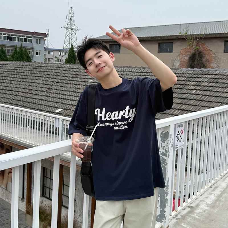 250g索罗娜藏青圆领印花短袖T恤男2026新款夏季百搭宽松休闲 上衣