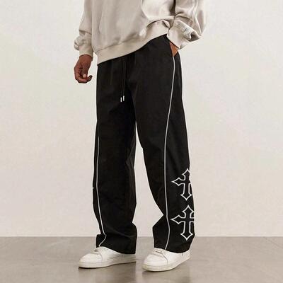 Pants Casual Polyester Loose Solid American, Mens Black