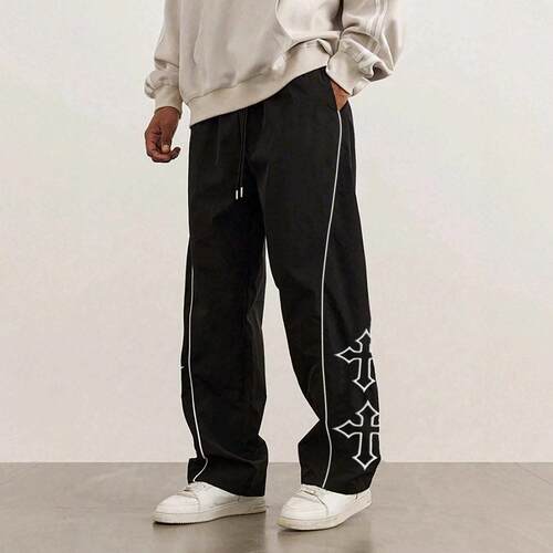 Pants Casual Polyester Loose Solid American, Mens Black