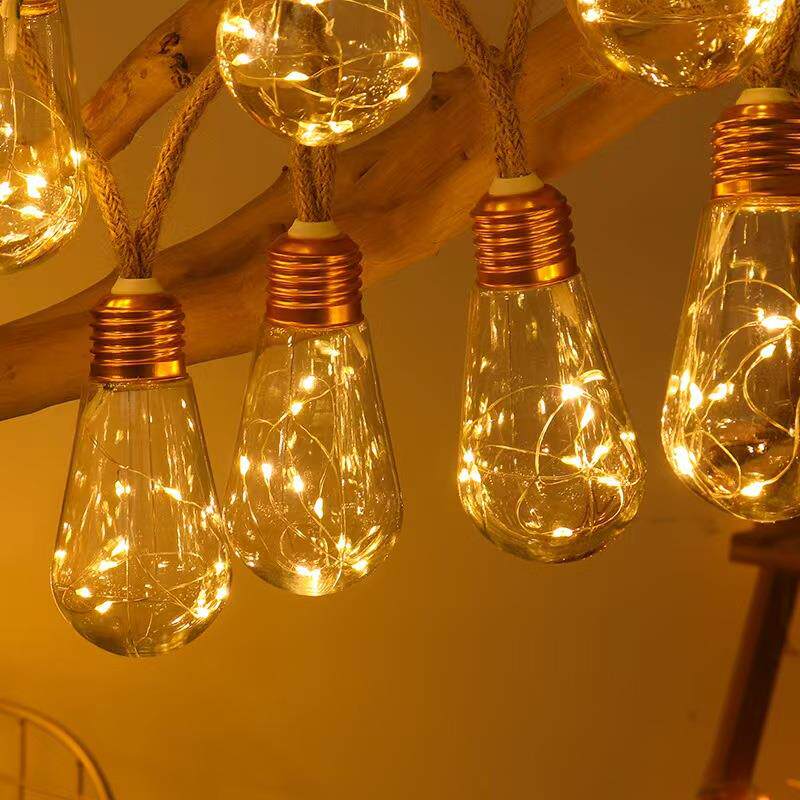 跨境新款太阳能麻绳灯串铜线灯户外防水露营装饰灯圣诞节日彩灯