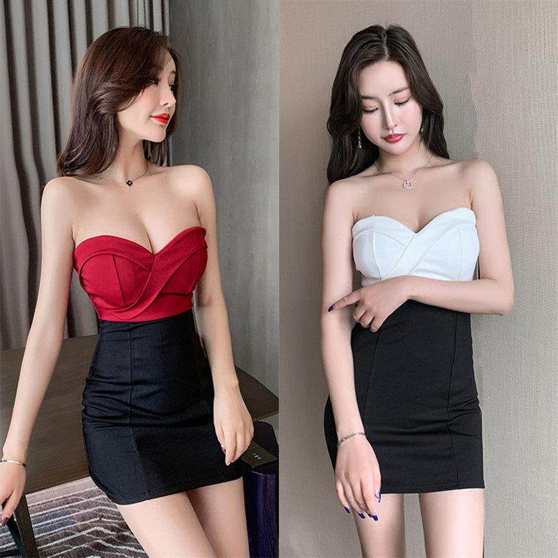 夜场上班衣服桑拿包臀短裙子足疗足浴技师工作服女性感抹胸连衣裙