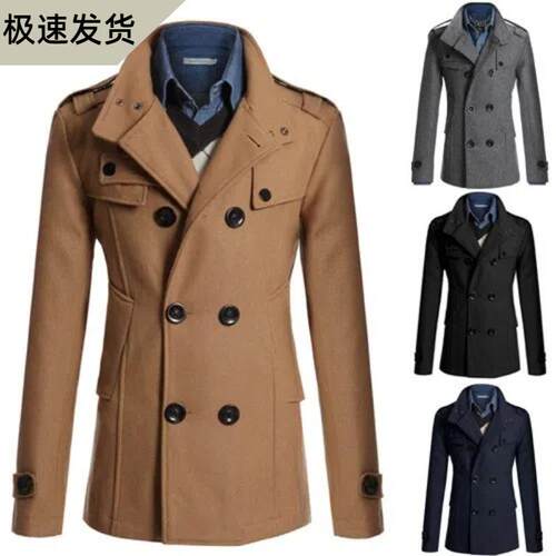 New men's woolen coat, mid length windbreaker, double