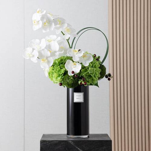 手感绣球假花彷真花束摆件黑色花瓶前台花艺大堂客厅蝴蝶兰逼真