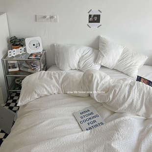 原创床单棉四华夫格 三件套奶白｜ins宿舍件套店主风床上水洗夏季