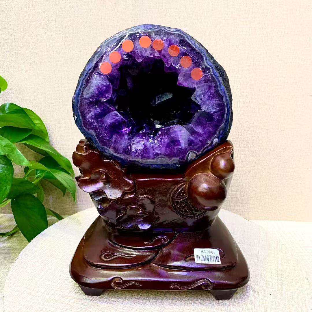 紫晶洞钱袋子摆件水晶消磁原石客厅办公室玄关水晶摆件水晶洞