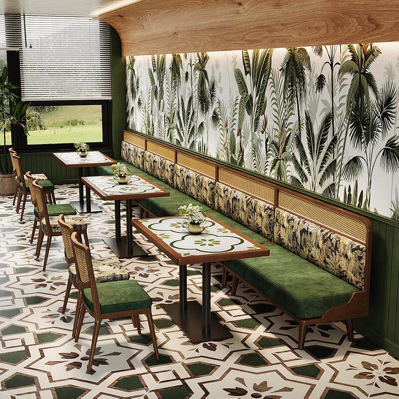 覆古实木卡座餐饮接待桌椅组合奶茶店咖啡厅沙发靠墙商用双人座椅