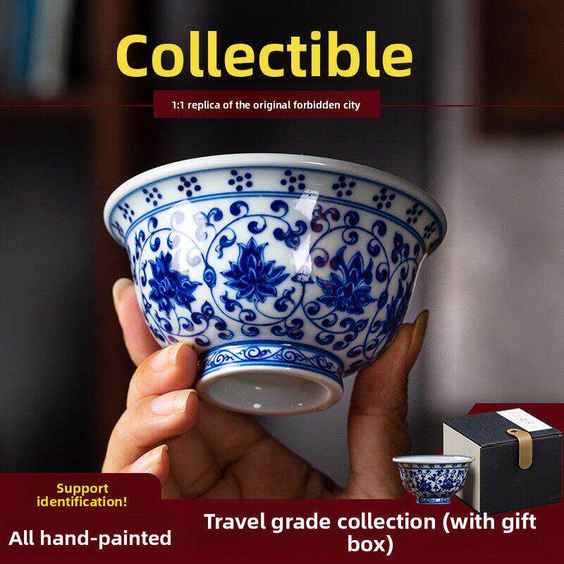 高档柴窑彷永乐青花莲压手杯景德镇陶瓷青花瓷大师杯男茶杯