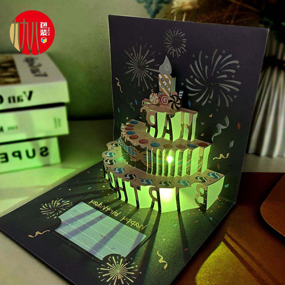 3D立体生日贺卡带灯光音乐卡片手工创意邀请卡明信片蛋糕礼品