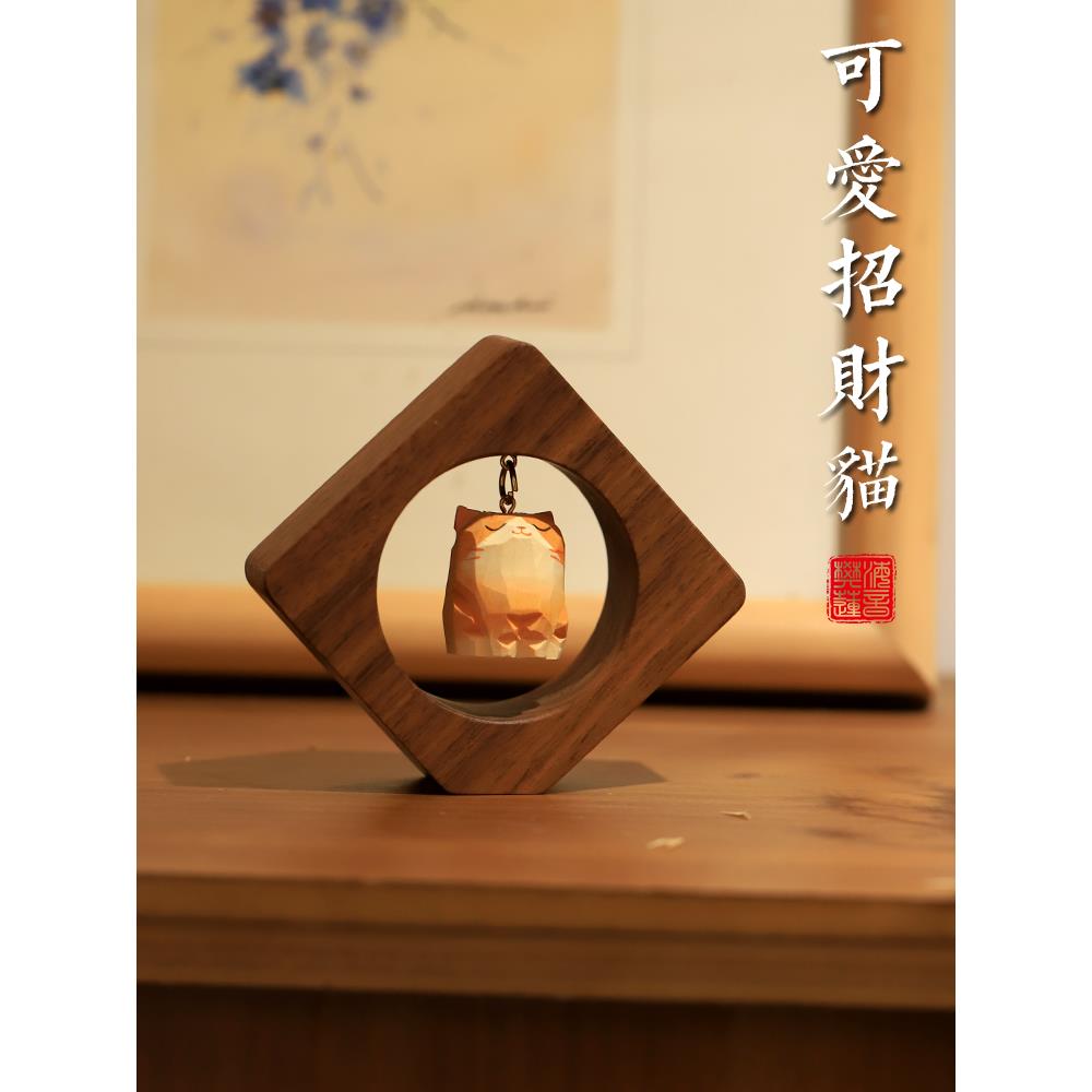 正品创意木雕小车摆件载车内猫饰品车中控台2025新款胡汽桃木家居