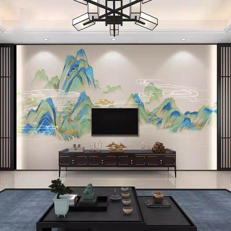 碳晶板新中式国画山水电视背景墙板客厅千里江山图竹木纤维集成墙