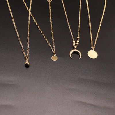 Women Layered Necklace Gold Beaded Horn Choker Chain Pendant