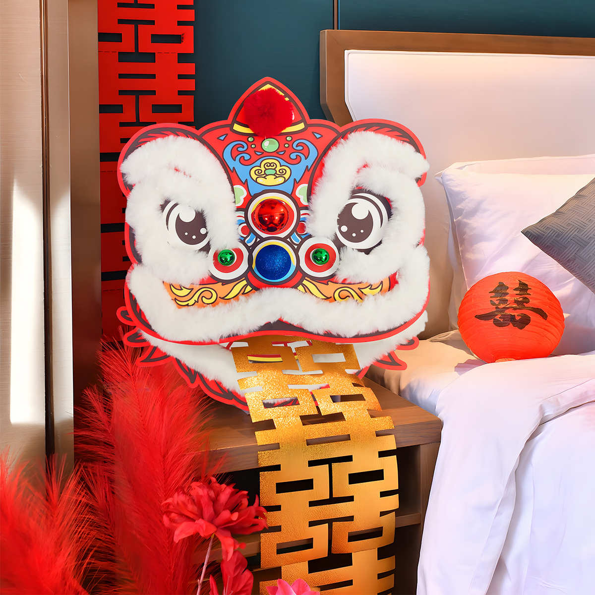醒狮创意摆件婚礼喜庆单狮子头2025新款传统订婚晨袍装饰拍照道具