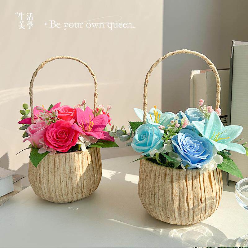 仿真花玫瑰花迷你小花篮手提花篮鲜花插花玫瑰花百合花艺摆件送人