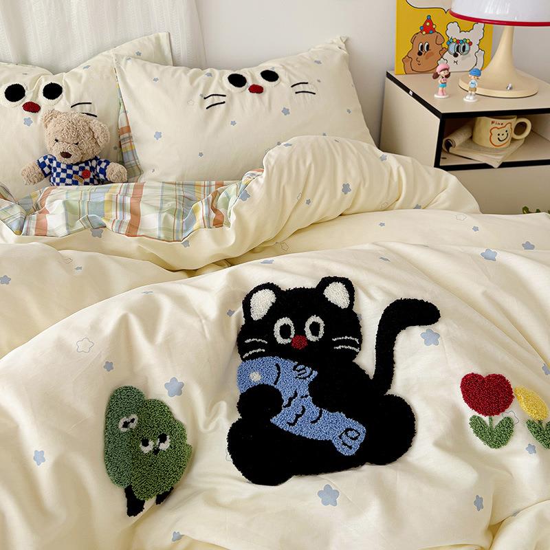 四季款纯棉毛巾刺绣四件套全棉被套床单宿舍床上用品小清新三件套