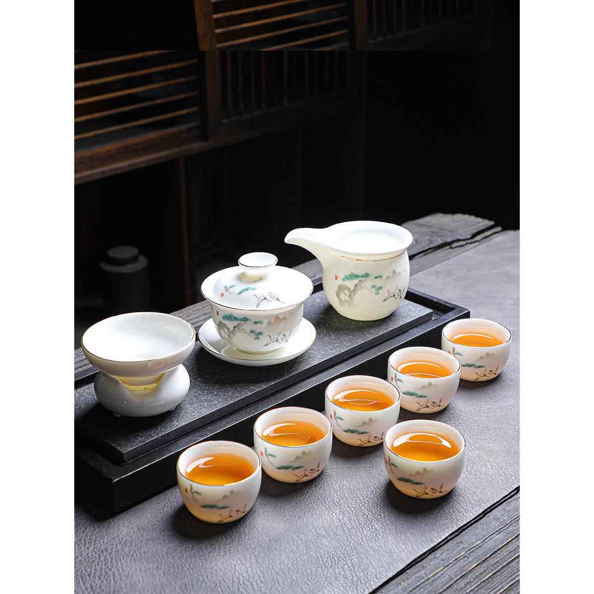 正品新中式羊脂白玉茶具加套装家用待客手工陶瓷杯盖碗喝功夫茶厚