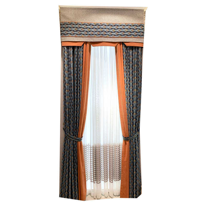 美式 中式简约提花拼色窗帘布蓝色遮光客厅卧室别墅高档成品窗帘