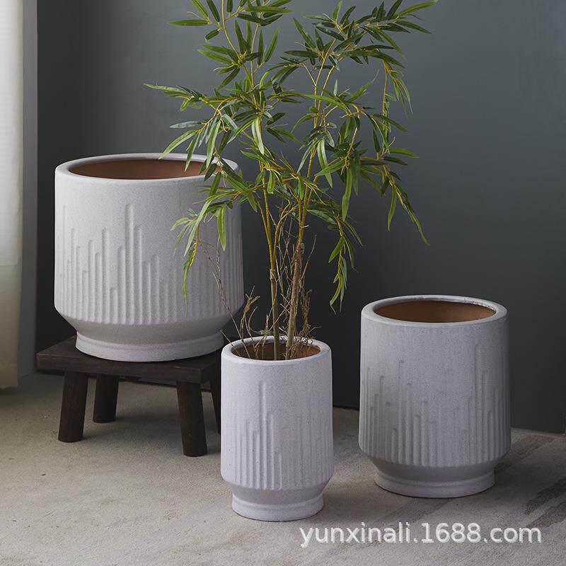创意陶瓷特大号花盆条纹特色家居商场百合竹专用绿植摆件简约透气