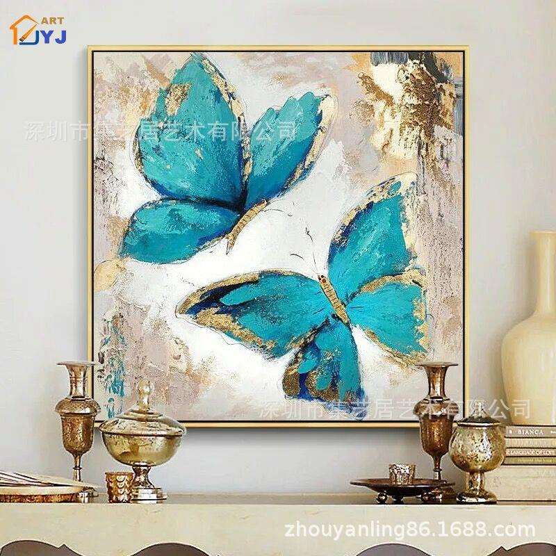 北欧抽象油画纯手绘金箔装饰画蝴蝶挂画家样板房玄关餐厅立体艺术