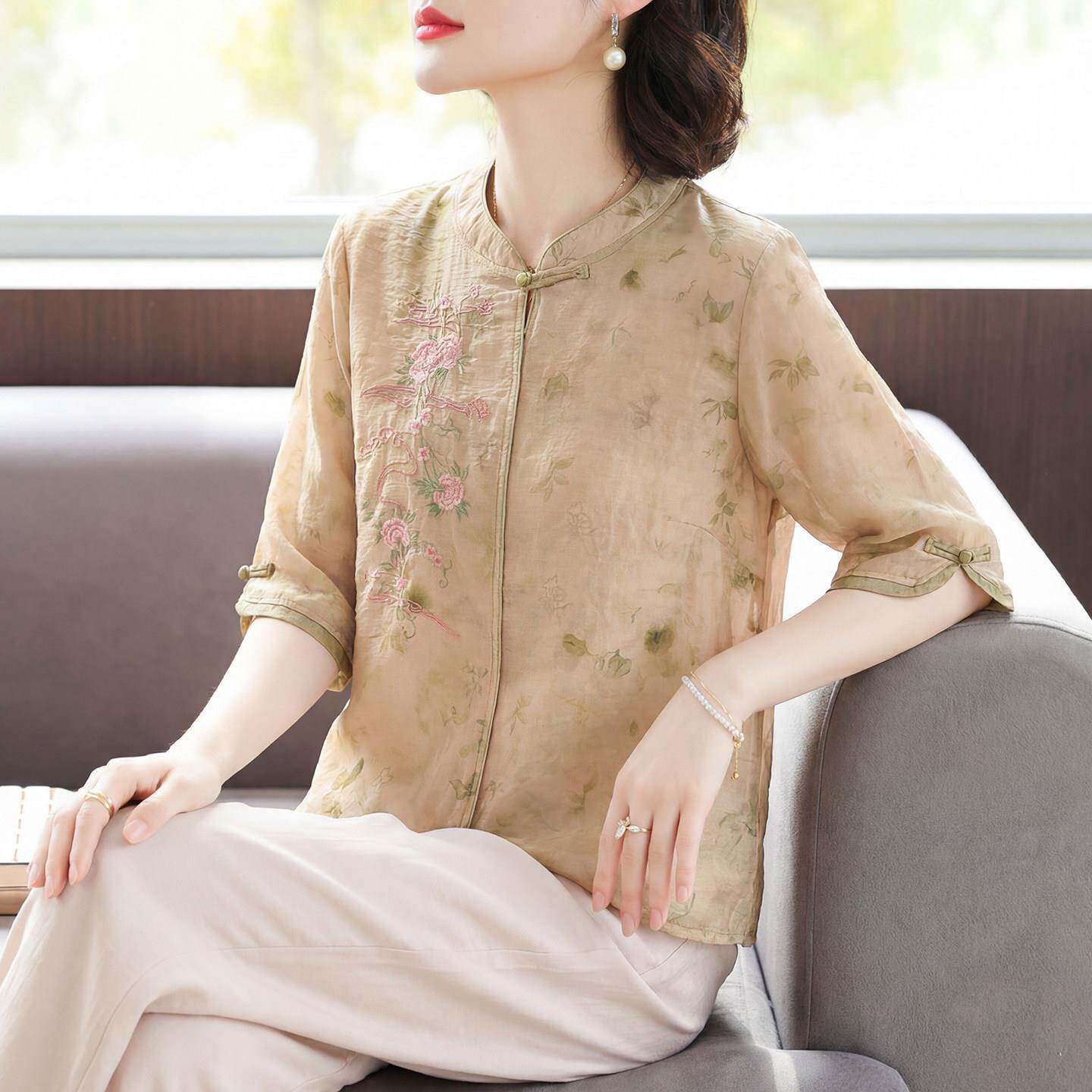 新中式妈妈夏装棉麻短袖T恤薄款上衣2026新款中老年女装国风小衫