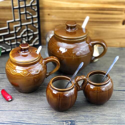 盐罐陶瓷老式土陶大号厨房猪油罐储物瓶带盖子子盐巴味精调味瓶连