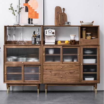 北欧实木餐边柜现代简约黑胡桃木玻璃储物柜日式餐厅展示柜茶水