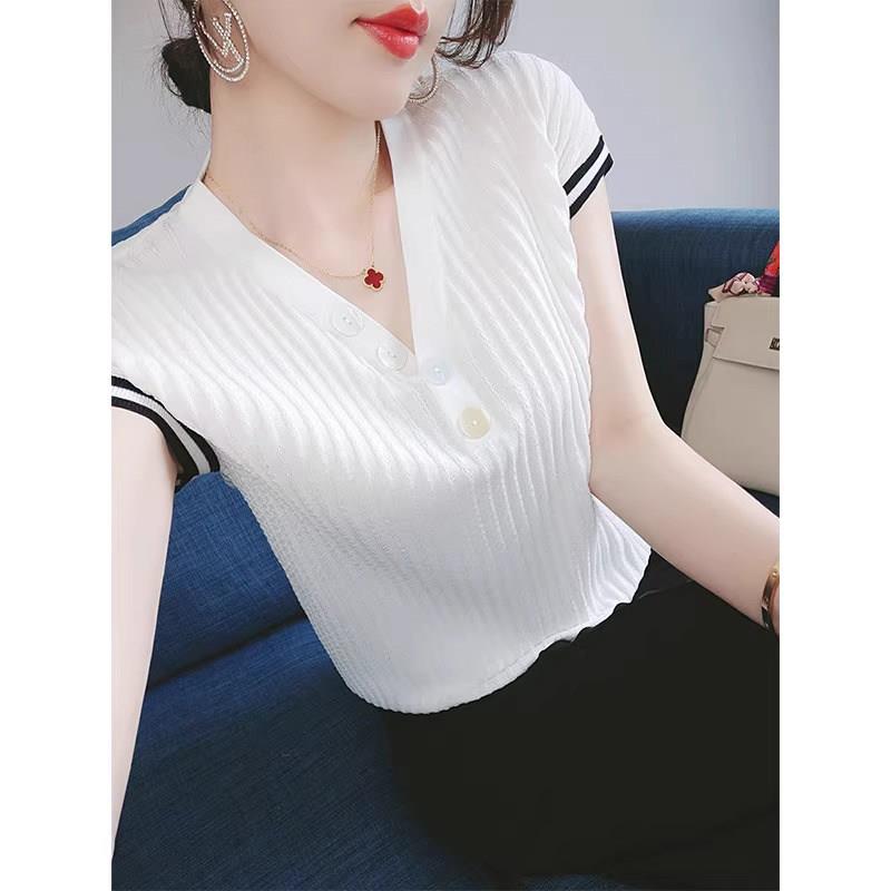 欧洲站白色短袖T恤女2025年新款夏季薄款设计感小众V领针织衫大尺