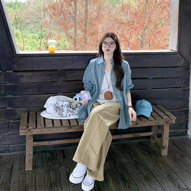 法式Rixo Kelly复古蓝色格子衬衫长袖衬衣防晒夏季薄款设计感上衣