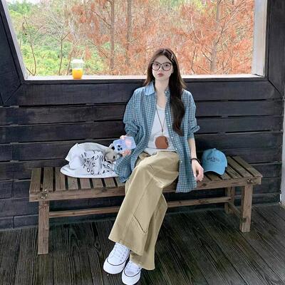 法式Rixo Kelly复古蓝色格子衬衫长袖衬衣防晒夏季薄款设计感上衣