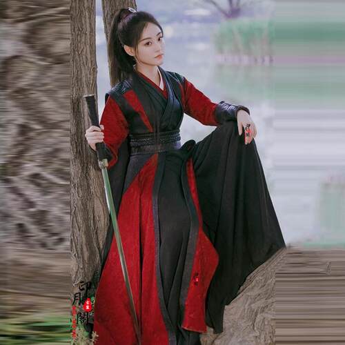 正品影女视祝绪丹同款汉服客黑色红色女侠女剑骑马黑士衣人刺客古