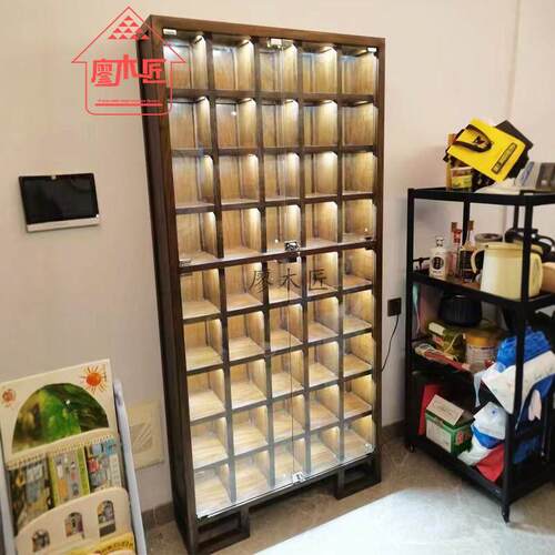实木紫砂壶展示柜茶具盖碗展示柜新中式博古架榆木落地茶杯收纳层