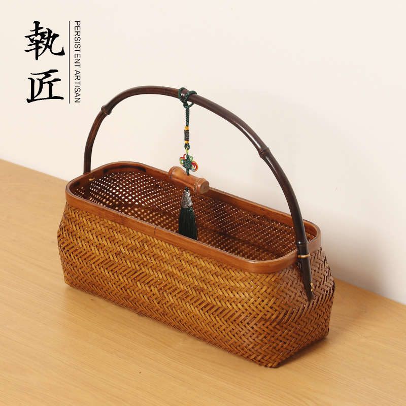 纯手工竹编大漆提篮水果篮桌面茶具手提收纳筐中式复古首饰整理盒