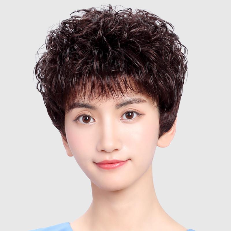 真发假发女短发夏季中老年短卷发妈妈假发套真人发丝全头套假头发
