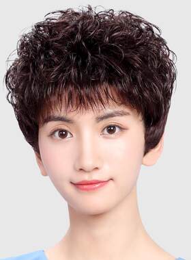真发假发女短发夏季中老年短卷发妈妈假发套真人发丝全头套假头发