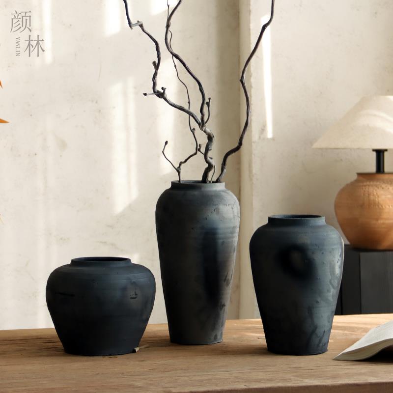 高档黑陶仿古宿陶罐瓦粗陶坛子陶罐花干花瓶禅意古朴民装饰陶土摆