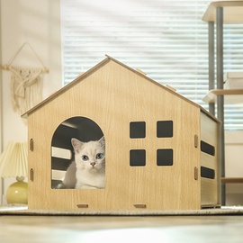 猫窝冬季保暖半封闭式安全感实木猫，房子圣诞猫床躲避大号多猫猫屋