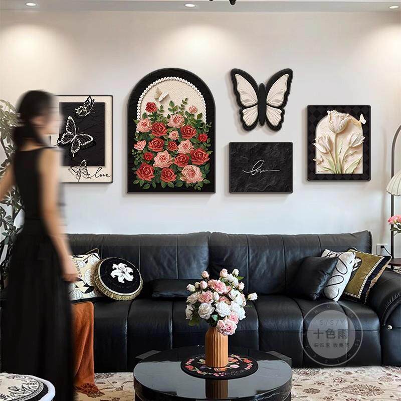 法式复古风客厅装饰画奶油中古风沙发背景墙挂画蝴蝶玫瑰组合壁画