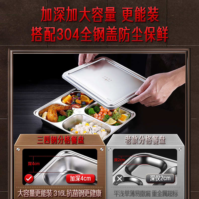 三四钢 便当盒不锈钢学生食堂快餐盘 方形带盖上班族分格午餐饭盒